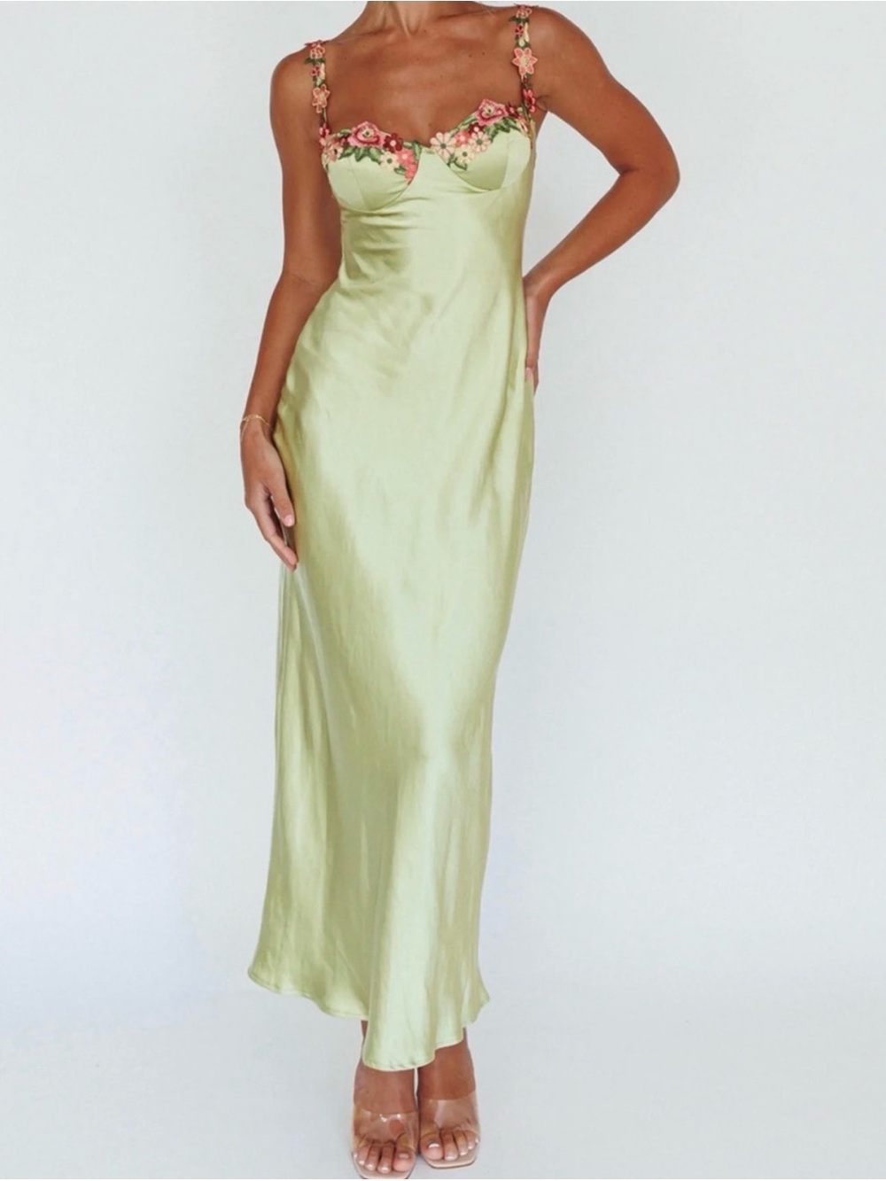 Angel Biba Lemon Green Satin Maxi Slip with Pink Floral Trim